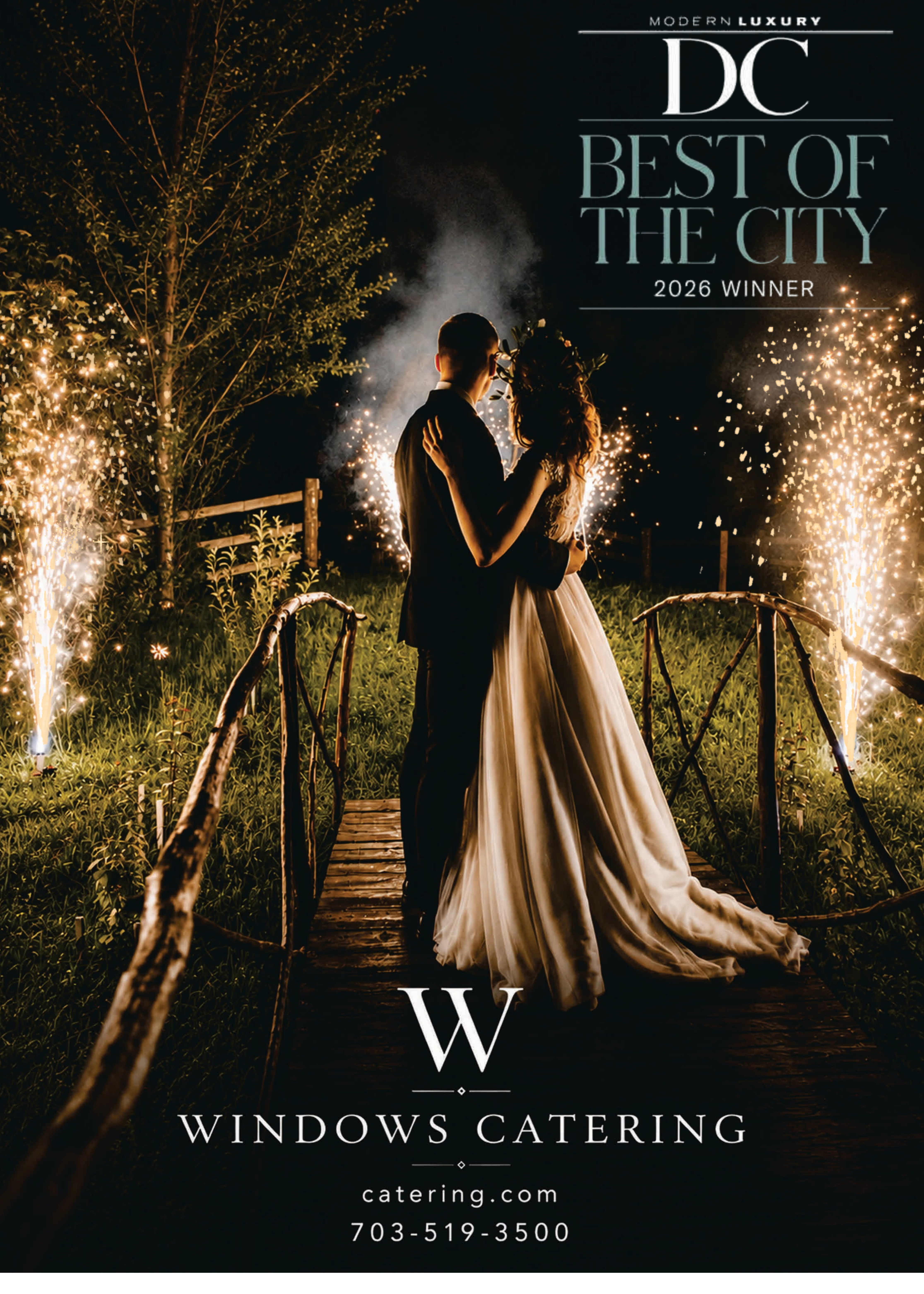 couple on wedding day bride and groom in dress and suit looking towards sparklers on either side of them for modern luxury spread
