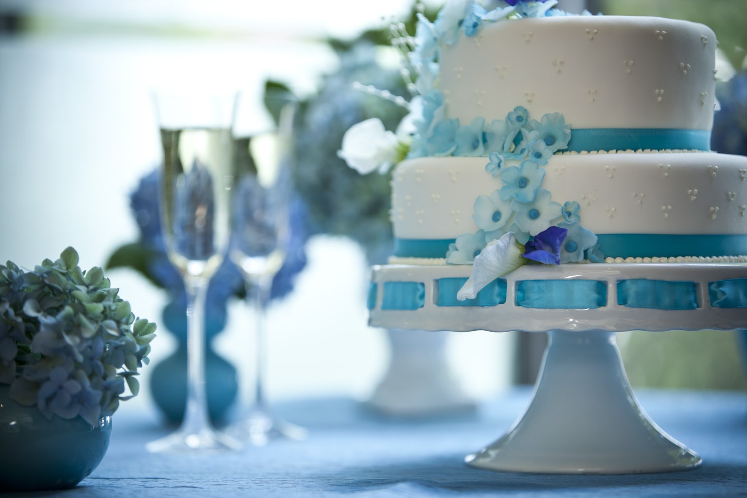 Wedding Cake with Blue Flowers