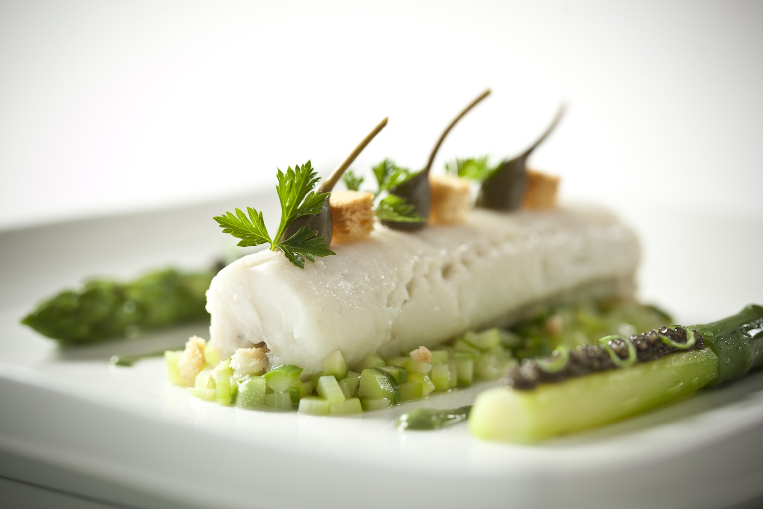Turbot with Green Asparagus, Caper Berries and American Sturgeon Caviar