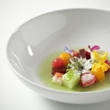 Heirloom Baby Tomatoes with Compressed Melons in Green Tomato Consomme