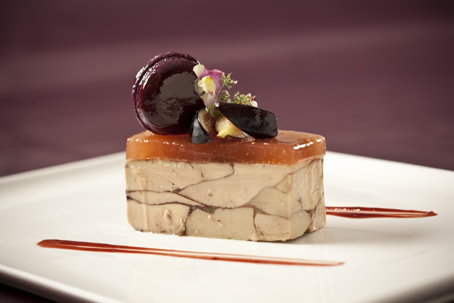 Foie Gras Terrine with Mission Fig Macaron and Madeira Jelly